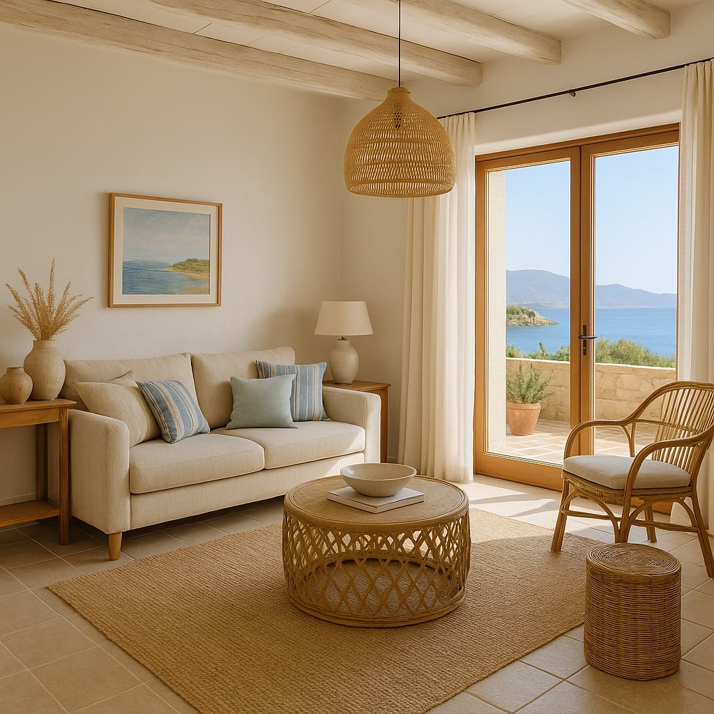 Salon lumineux décoré dans un esprit bord de mer, avec vue sur la mer Méditerranée